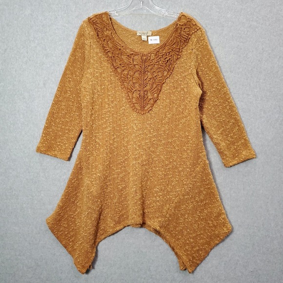 One World Women Sweater Large Orange Knit 3/4 Sleeve Sharkbite Hem - Picture 1 of 12